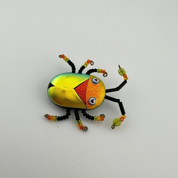 Multicolor Shimmery Dichroic Art Glass Beaded Scarab Bug Insect Brooch 1.5" OOAK - Picture 11 of 14